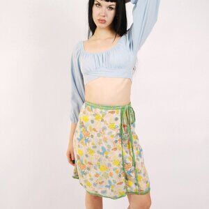 Y2K Floral Wrap Mini Skirt (S) small yellow green vintage ditsy preppy summer